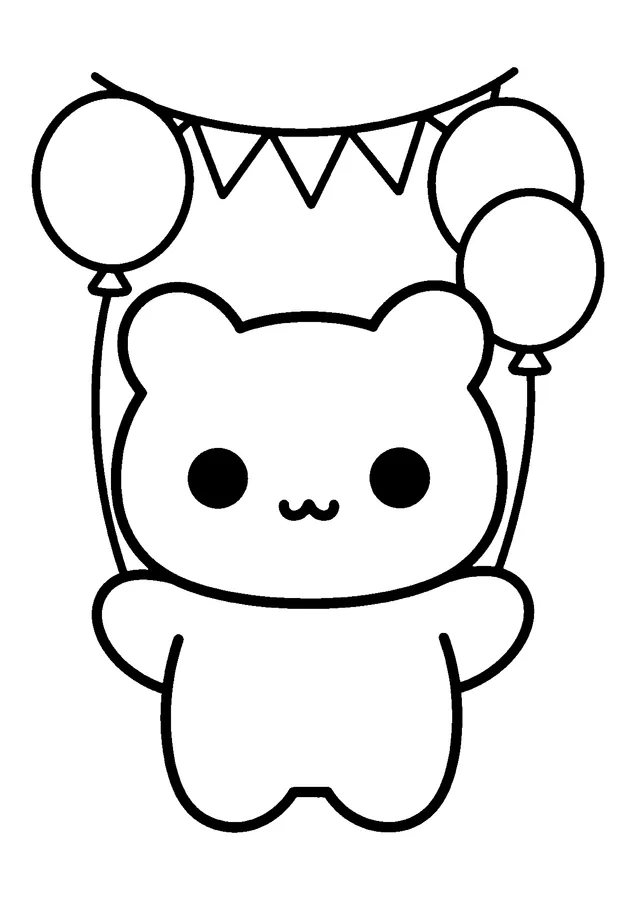 Desenho para colorir: ursinho com balões e bandeirinhas
