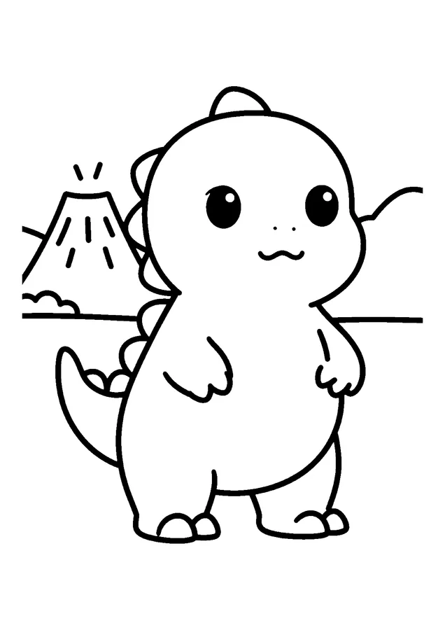 Desenho para colorir: dinossauro bebê perto do vulcão