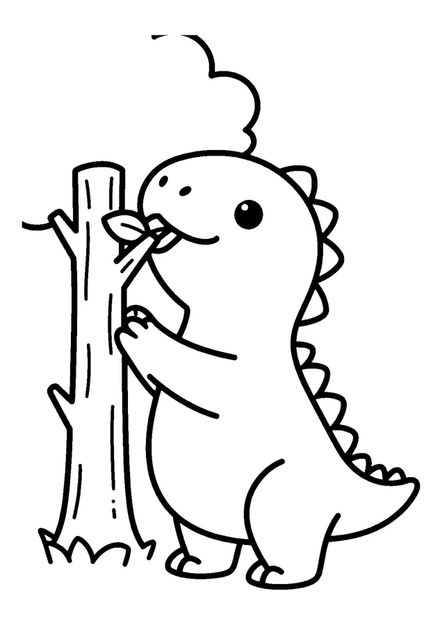 Desenho para colorir: dinossauro comendo folhas da árvore