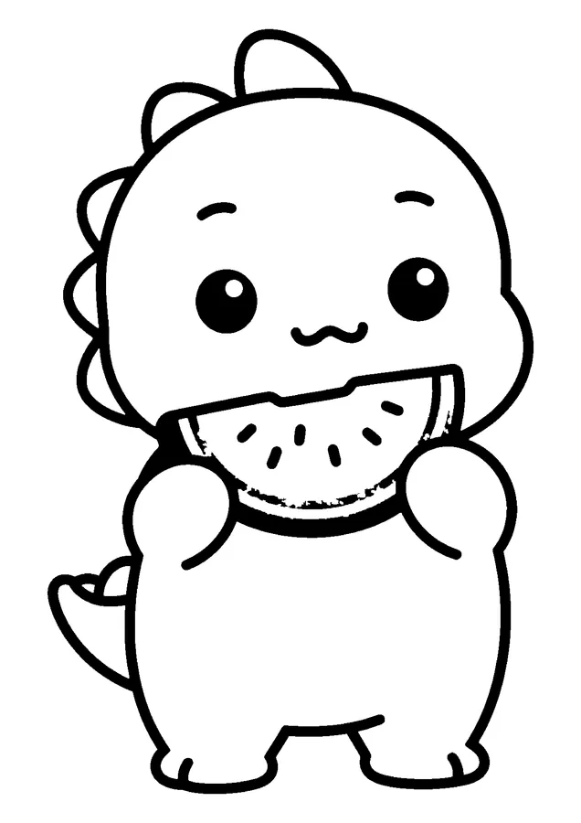 Desenho para colorir: dinossauro comendo melancia