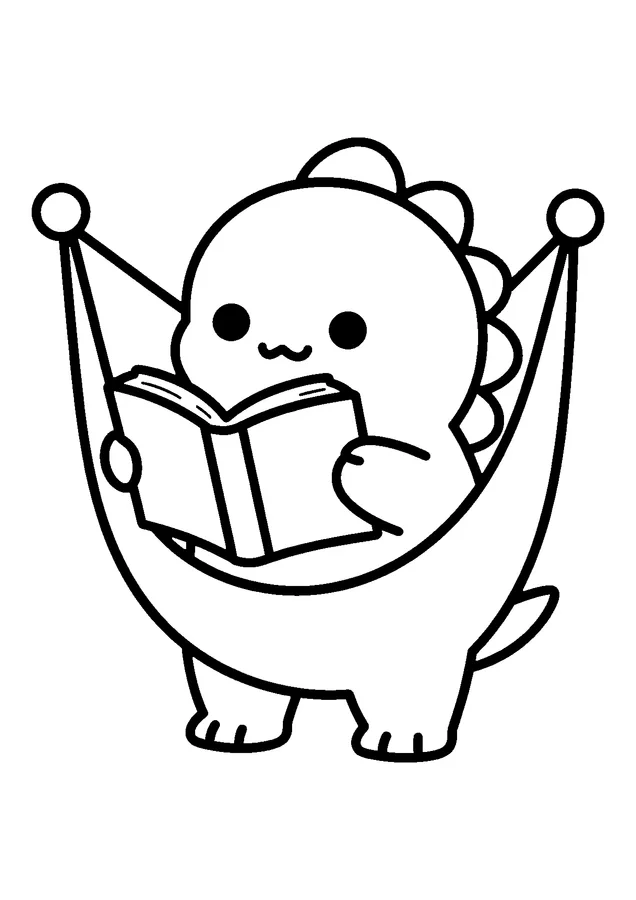 Desenho para colorir: dinossauro lendo na rede