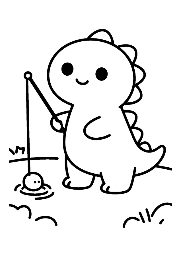 Desenho para colorir: dinossauro pescando no lago