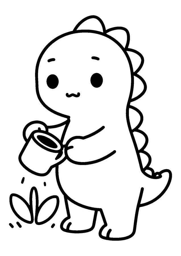 Desenho para colorir: dinossauro regando as plantas