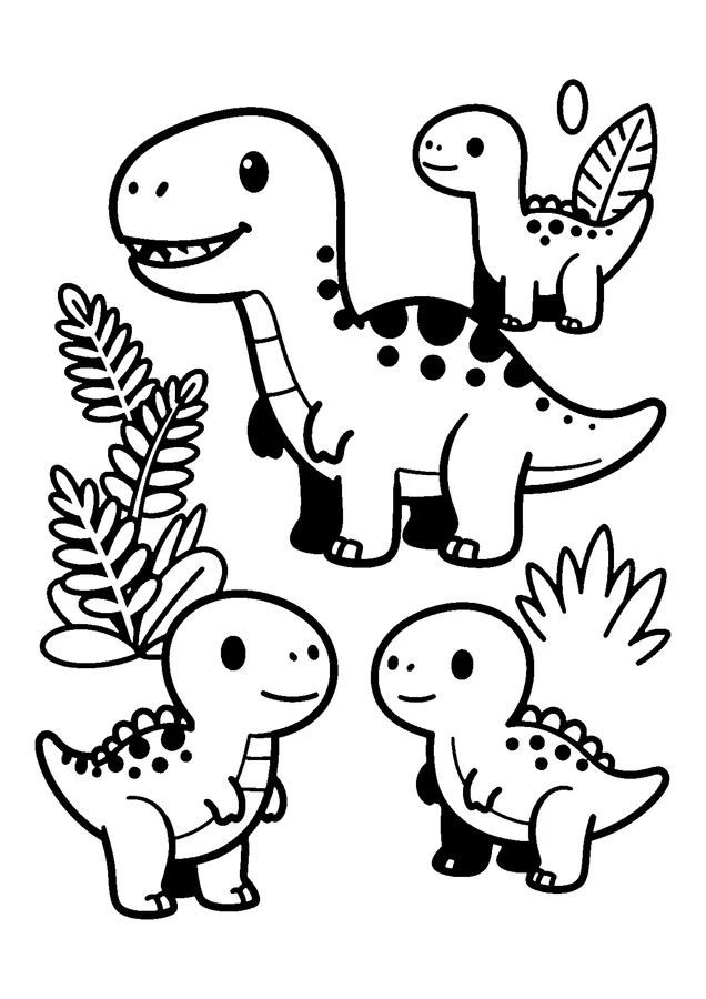 Desenho para colorir: família de dinossauros na floresta