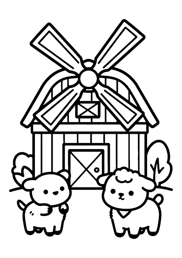 Desenho para colorir: celeiro com moinho e animais