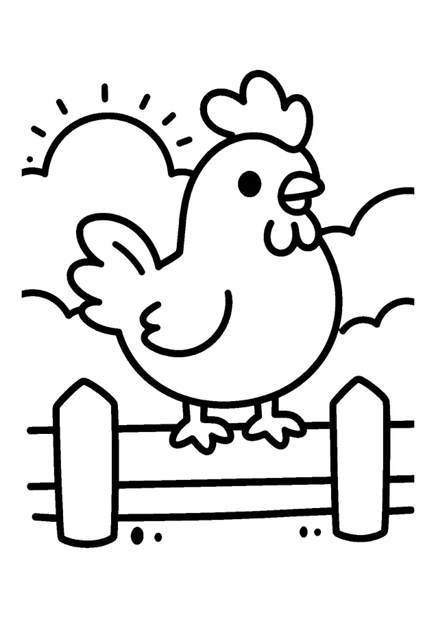 Desenho para colorir: galo na cerca ao amanhecer