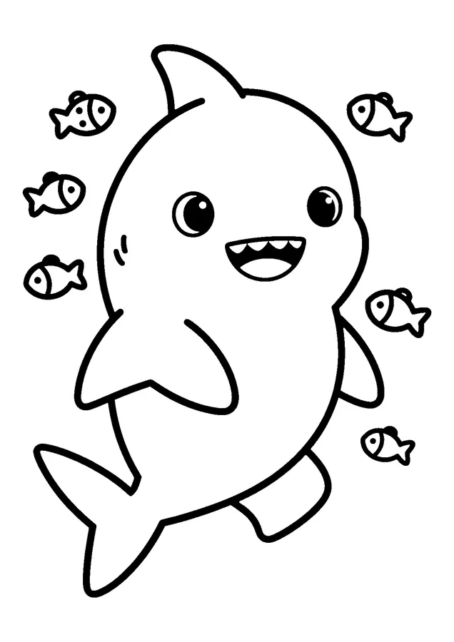 Desenho para colorir: tubarão sorridente e peixinhos