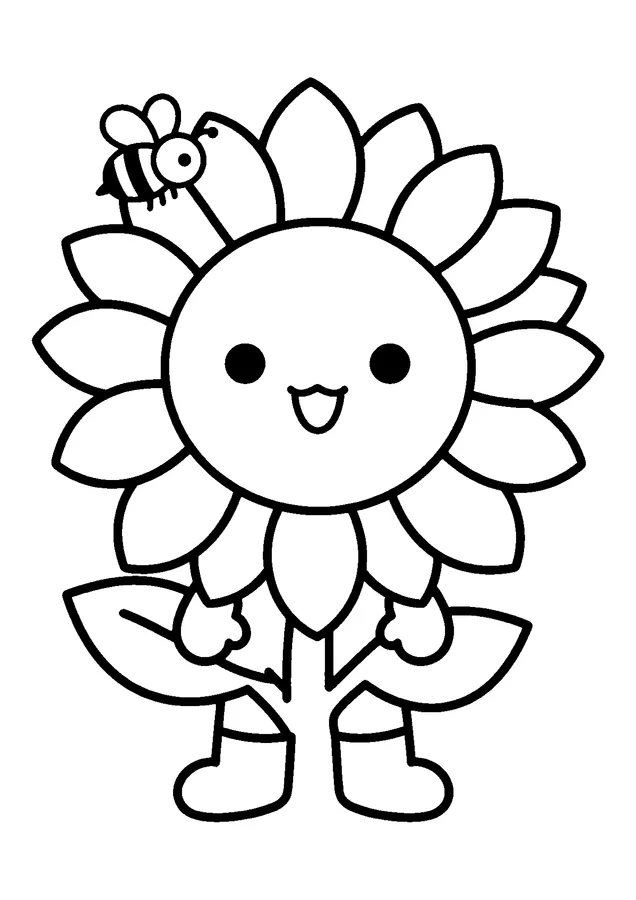 Desenho para colorir: girassol sorridente e abelha
