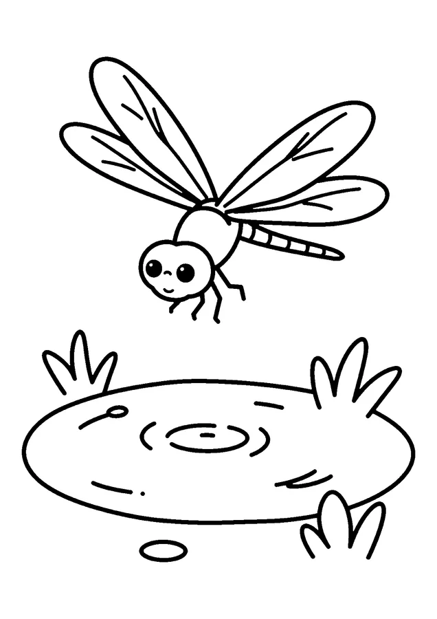 Desenho para colorir: libélula sobre o lago