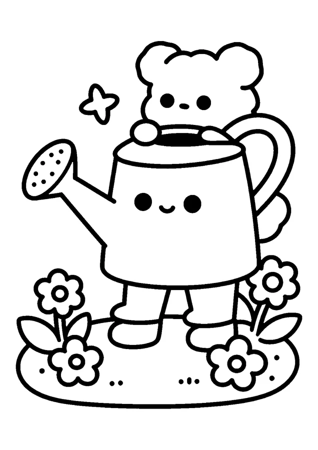 Desenho para colorir: regador no jardim de flores