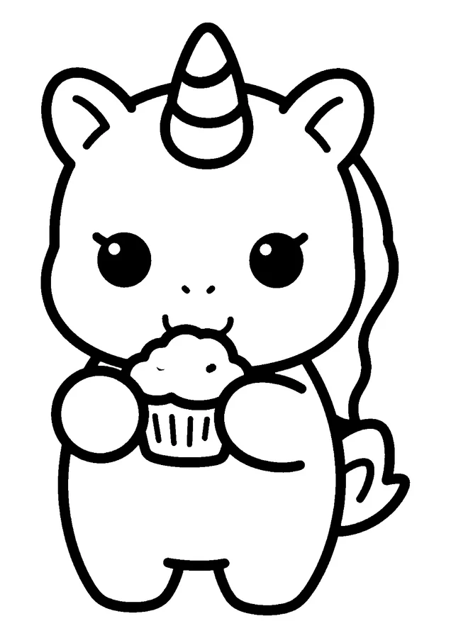 Desenho para colorir: unicórnio comendo bolinho