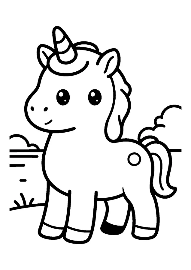 Desenho para colorir: unicórnio passeando no campo