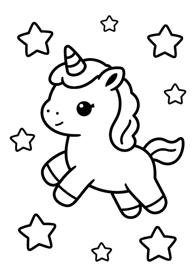 Desenho para colorir: unicórnio pulando entre estrelas